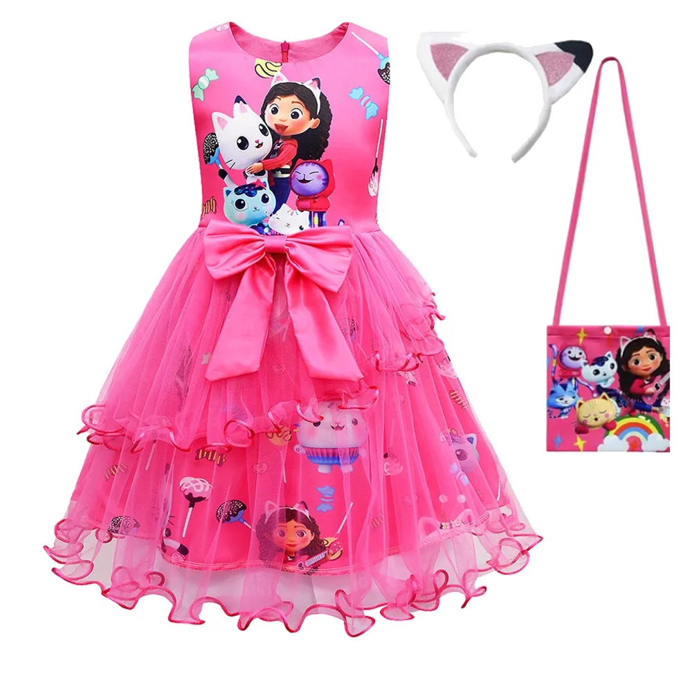 Disfraz de gato Gabi de dibujos animados para niños, vestido de encaje con lazo, sombreros, conjuntos de bolsa, fiesta escolar, Halloween, Cosplay