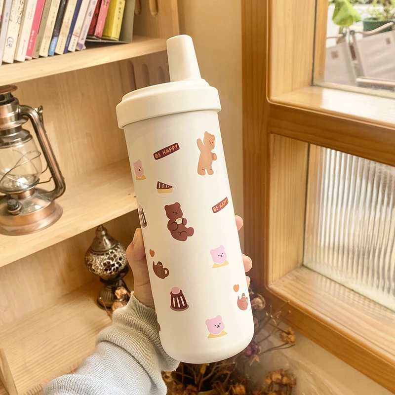 Cute Bear Thermos Coffee Cup Stainless Steel Tumbler Kawaii Boba Tea Water Bottle With Straw Cover Cap Large Thermal Cups 850ml