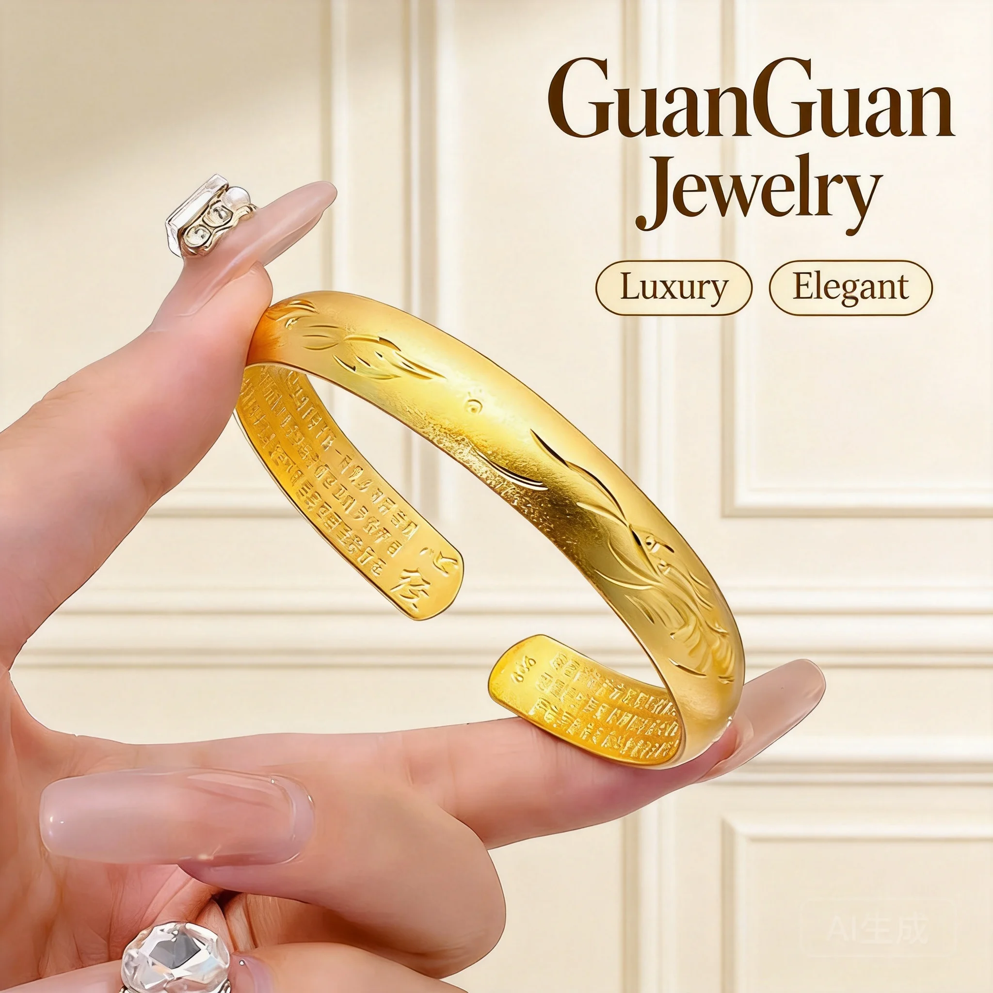 2026 Women's Dragon Phoenix Heart Sutra Cuff Bangle Chinese Trend Ethnic Style Copper Gold Plated High Color Retention Jewelry