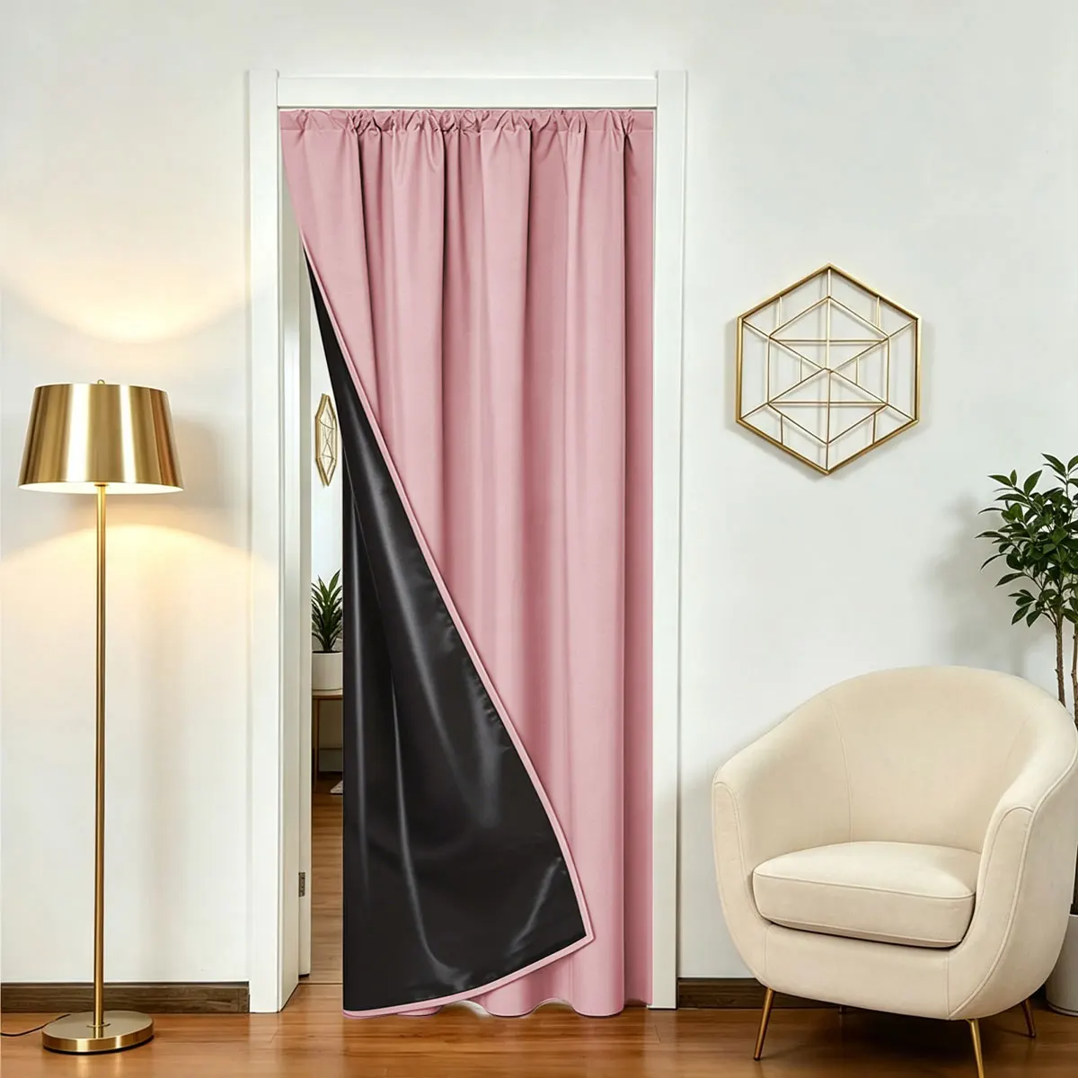1Pc Rod Pocket Pink Blackout Door Curtain, Cream INS Style, Black Liner Thermal Privacy Doorway Curtain for Bedroom Balcony