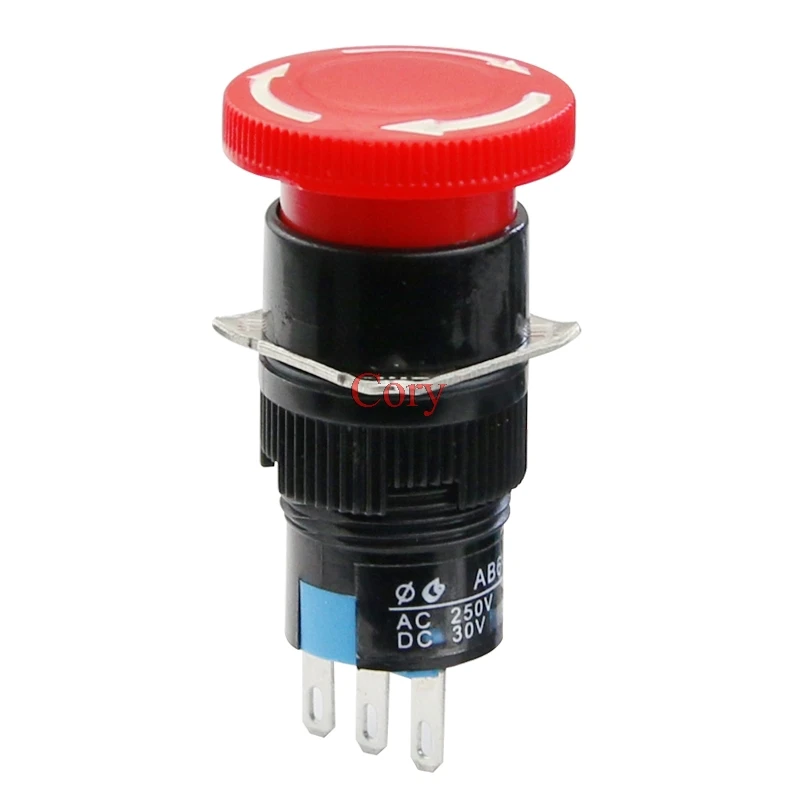 1Pc 16mm Thread Hole Red Mushroom Cap Rotating Release Emergency Stop Switch AC 250V 3A