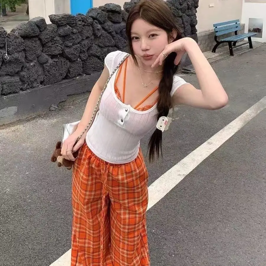 

Casual Pants Suit Women's Summer Thin Short-sleeved T-shirt Camisole Vest Plaid Wide Leg Pants Three-piece Set Female Clothes