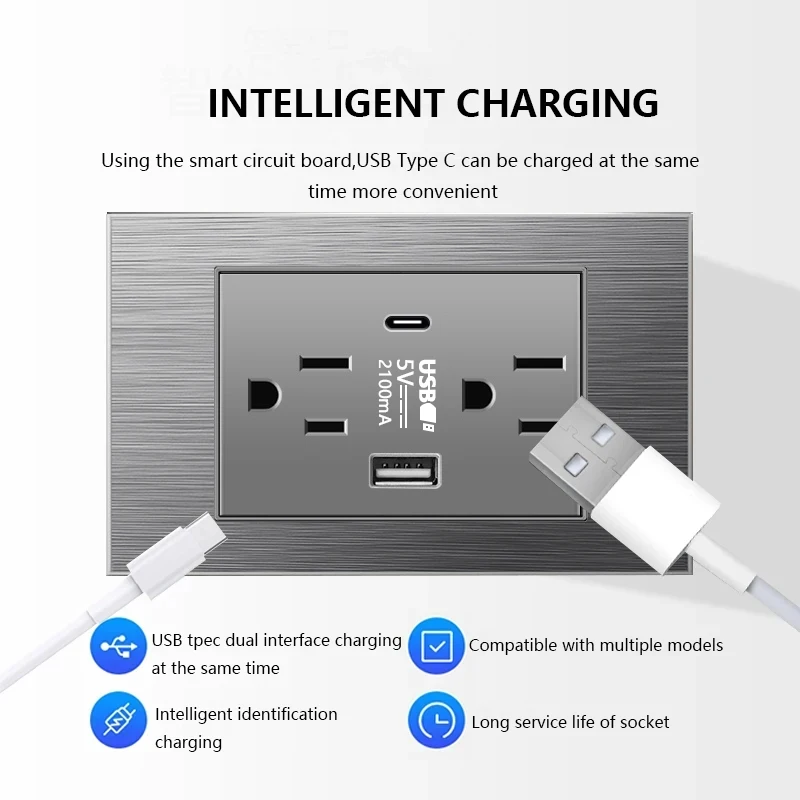 American Wall Electrical Light Switch PC Panel,Mexico Thai Grey Double USB Quick Charge Type C Socket,US Household Power Outlet