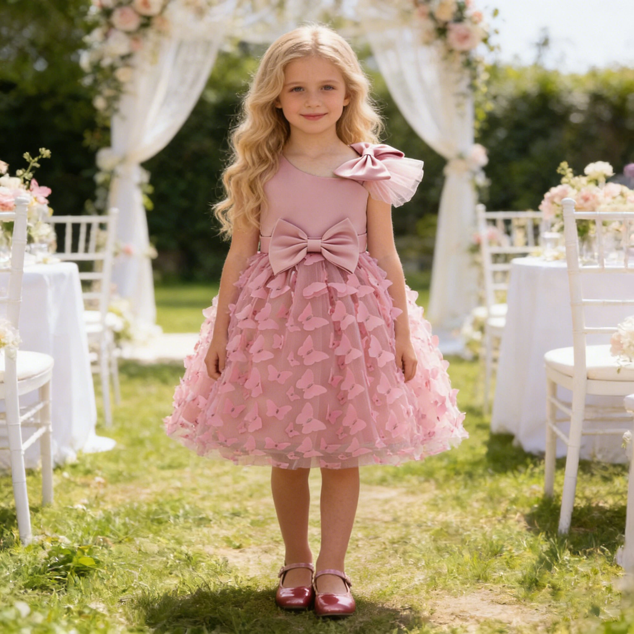 Elegantes Schmetterlings-Partykleid für Mädchen, modisch, Schleife, Hochzeit, Brautjungfern, Prinzessin, Ballkleid für Mädchen, Geburtstag, Abend, Kinderkleidung