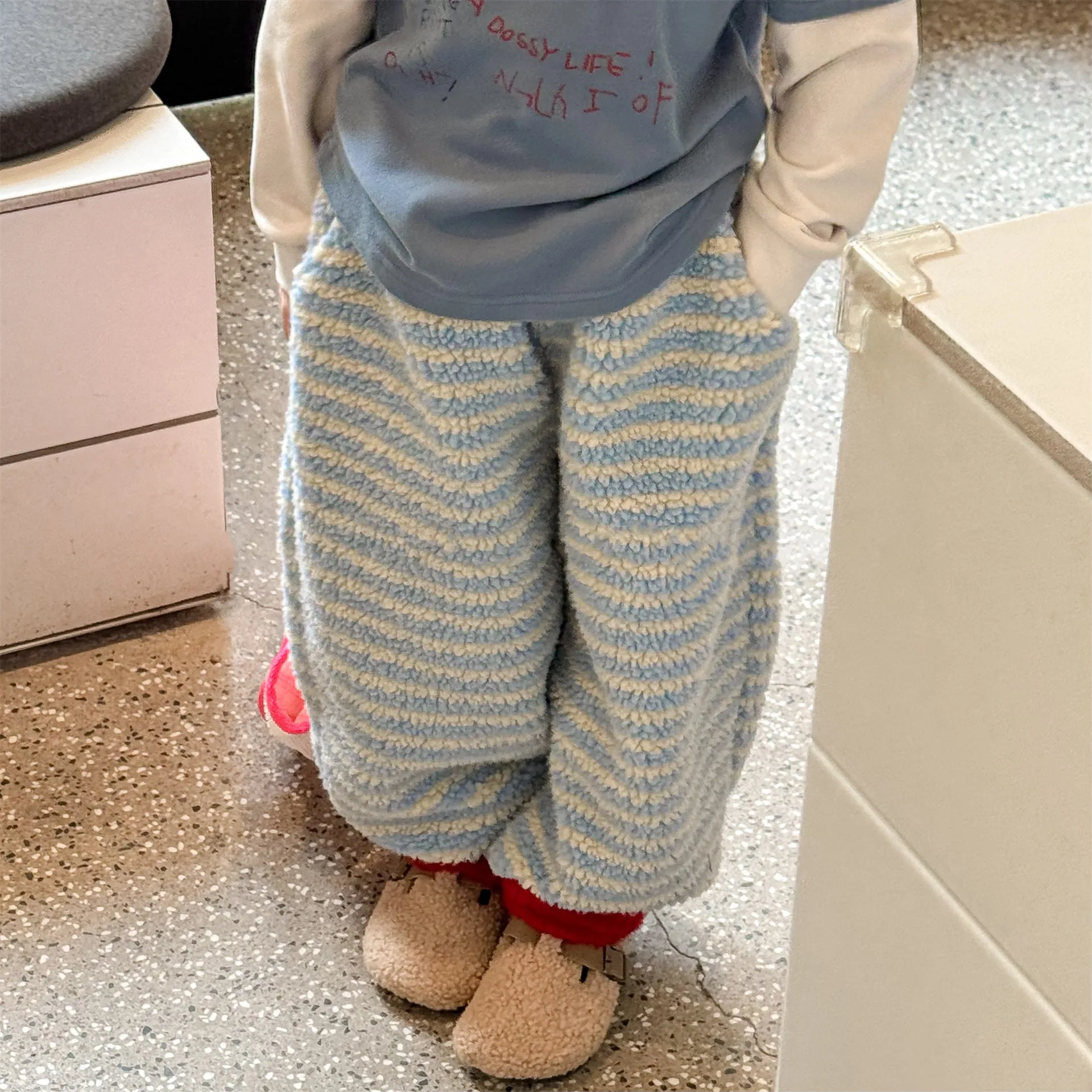Children's Pants 2026 Winter New Korean Lambswool Baby Boy's Pants 1-7Year Girl's Striped Warm Pant Trousers