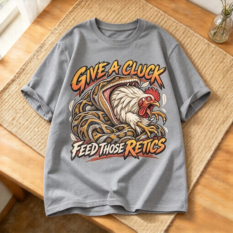 Vintage Python Rooster Graphic Tshirt Men Give A Cluck Feed Those Retics Print Casual Short Sleeve for Reptile Fans Y2k Top