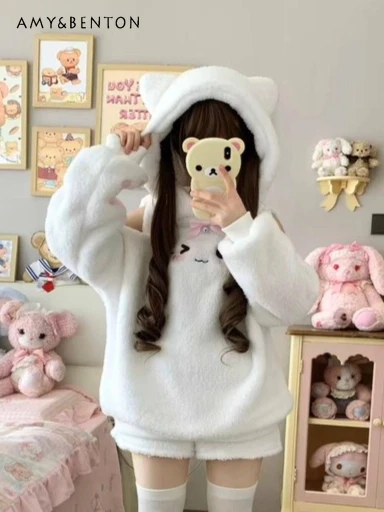 

Japanese Cute Cartoon Embroidered Bow Hooded Lamb Wool Sweatshirt Sweet Girl Off-Shoulder Long Sleeve Loose Thickened Sweatshirt