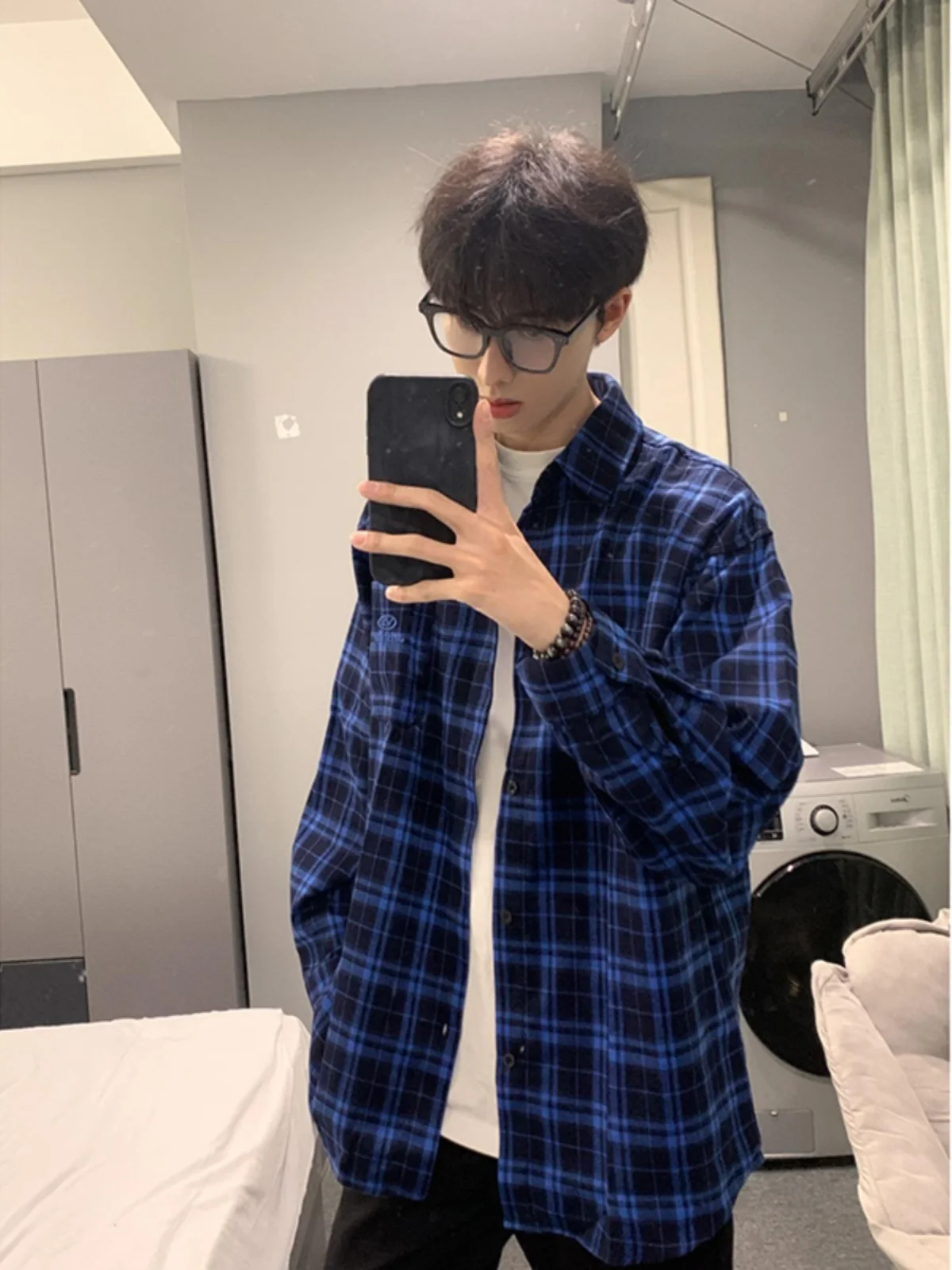

Blue Plaid Long Sleeve Shirt Men's Loose Fit Casual Shirt Autumn Outerwear Embroidered Neckline Youth Trend Autumn 2024