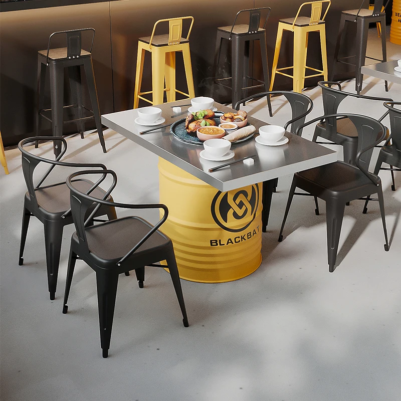 #Custom Logo Modern Iron Restaurant Table Set with Oil Drum Design Dining Furniture for Hotel & Mall Brand Stores