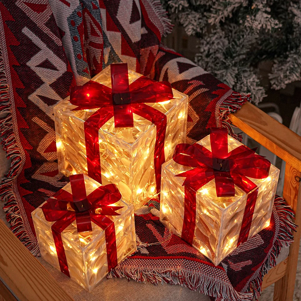 Christmas Gift Box With Remote Control 3 Sets Transparent Warm Light Red Bow LED Decorative Lights for Christmas Decoration