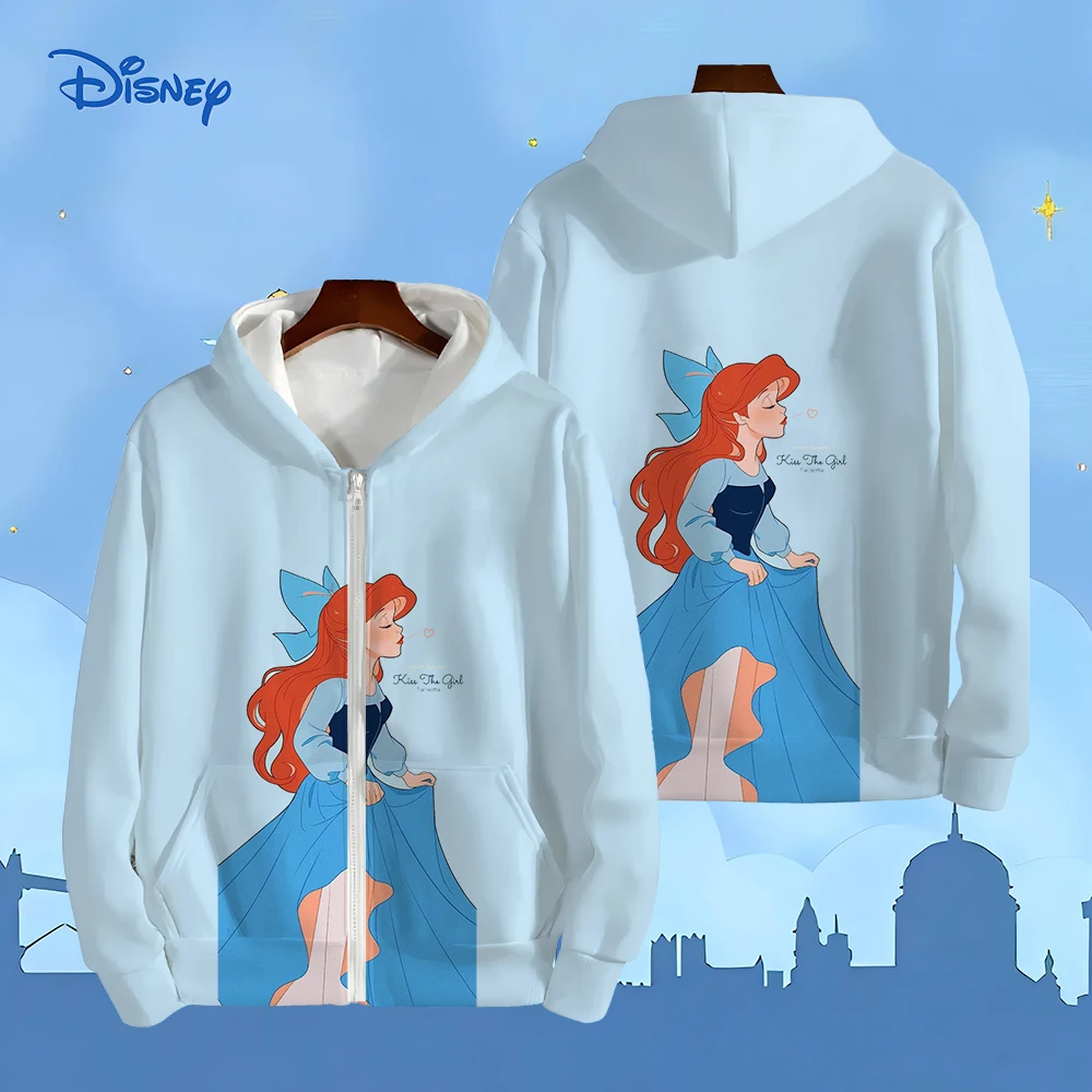 Autumn Winter Long Sleeves Casual Sweatshirt New Disney Princess Pattern 3D Printed Hoodie for Women Zipper Design Tops Coats