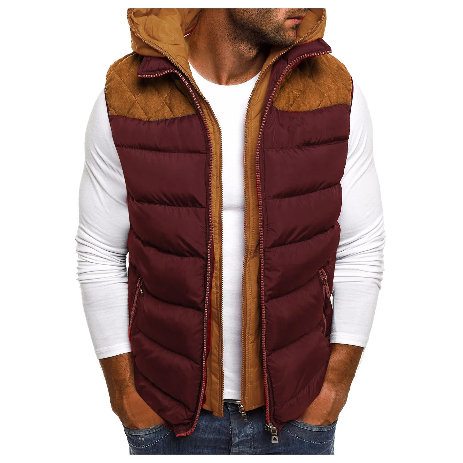 

Men's Autumn and Winter Fashion Casual Zip Standing Collar Pocket Hooded Sleeveless Cotton Vest Jacket пуховик мужской зимний