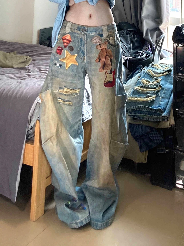 

Women's Baggy Wide Cargo Jeans Print Denim Pants 2000s American Retro Korean Hip-pop High Street Y2K Japanese Harajuku Cowboy