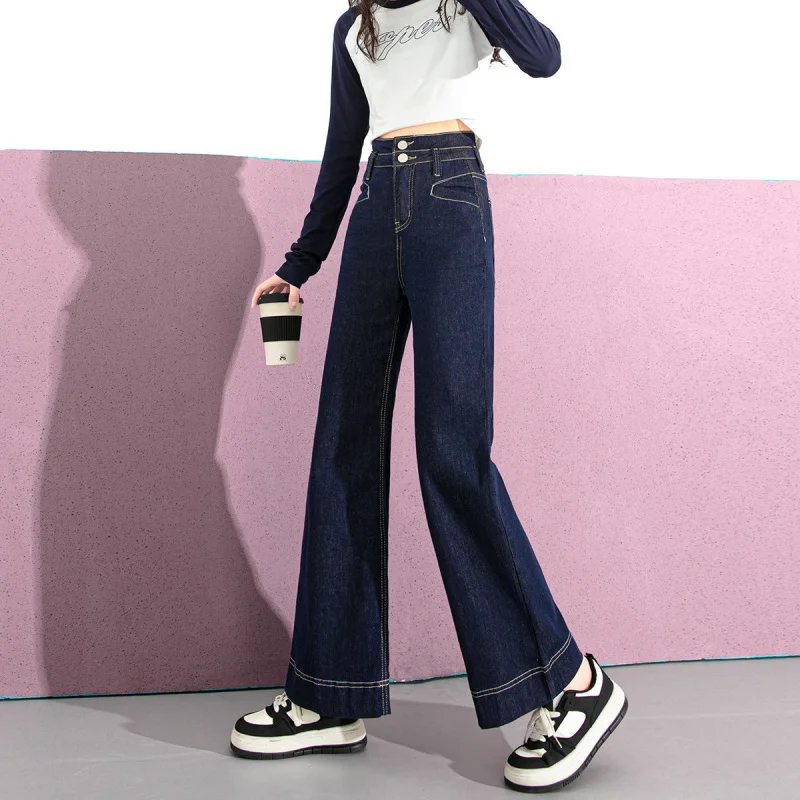 

2025Spring new style loose-fitting Korean high-waisted elastic design fashionable wide-leg pants double-button jeans versatile