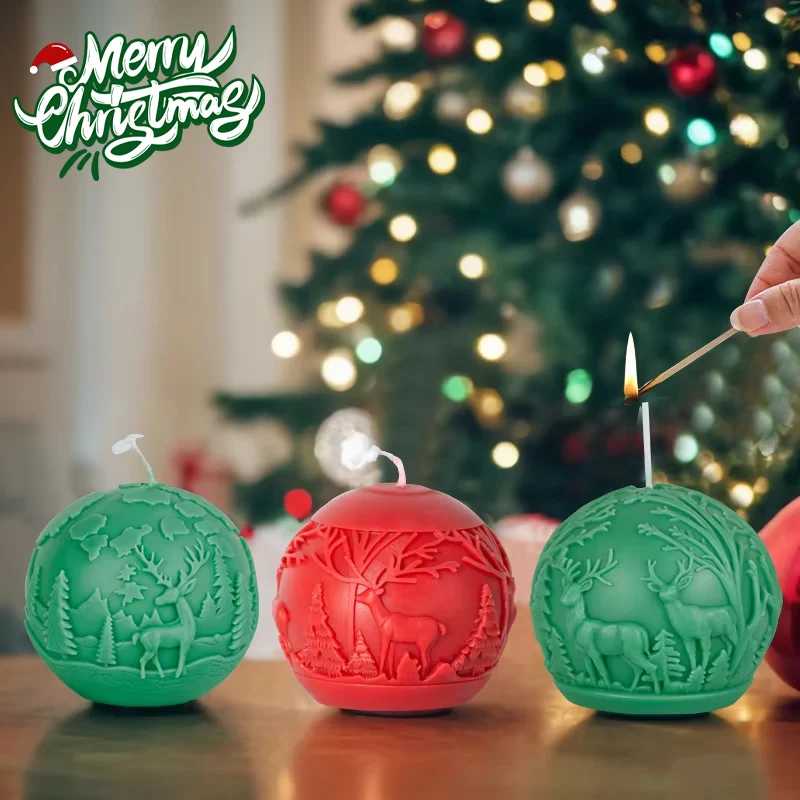 2024 3D Christmas Ball Candle Silicone Mold Reindeer-Patterned Silicone Christmas Ball Make Candles Mold Handmade Home Decor