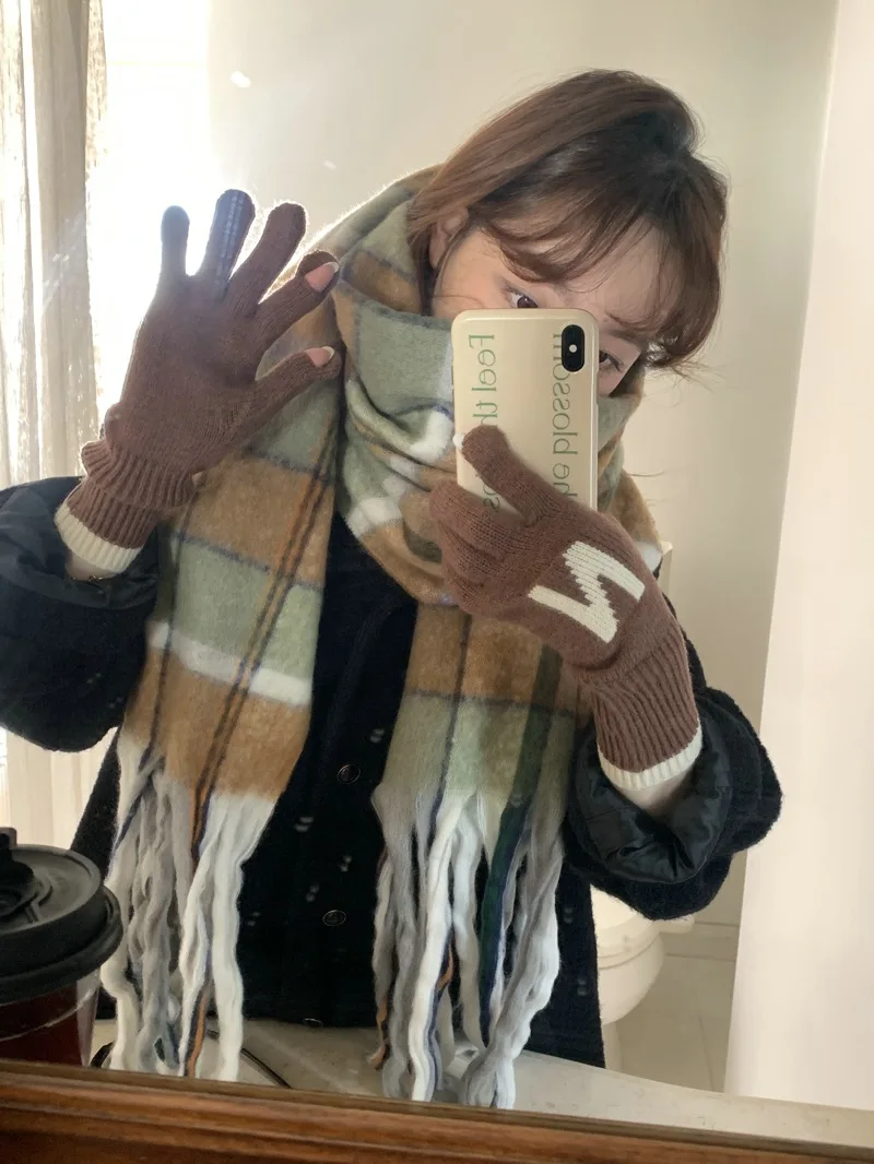 여성용 터치 스크린 니트 장갑, N H 패턴 장갑, 따뜻한 장갑, 단색 푹신한 작업 장갑, 하라주쿠 장갑, 겨울