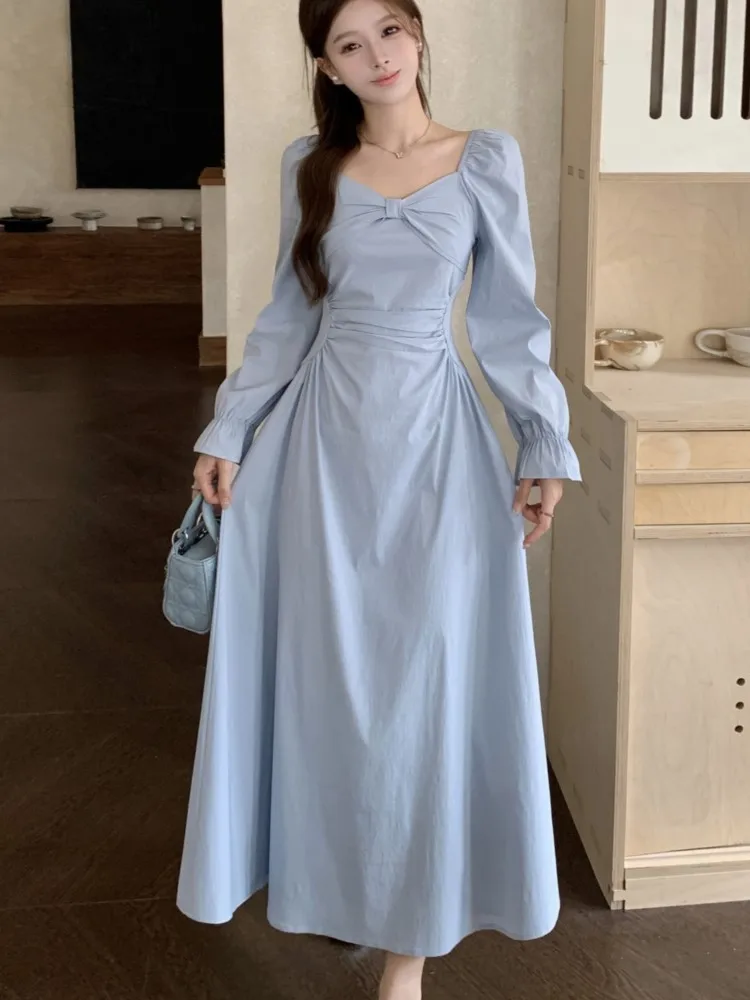 

French Bow Backless Women Elegant Dresses Slim Fit Long Puff Sleeves A-Line Korean Casual Dress Basics Gentle Fashion Vestidos