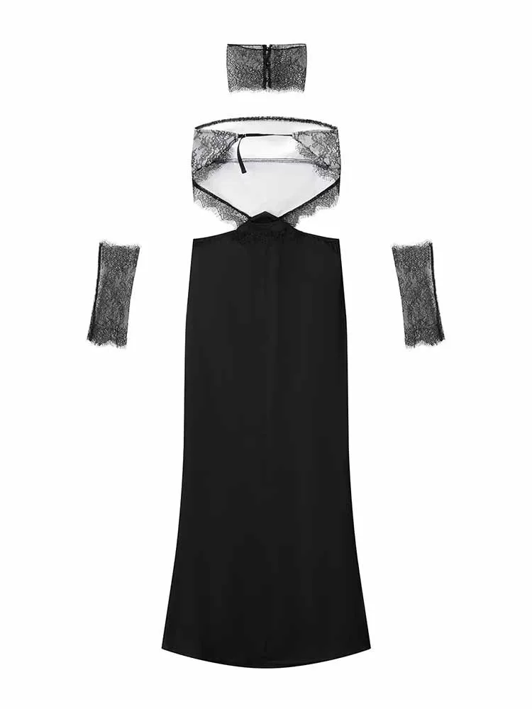 HH Frau Frühling Mode Trend Ärmellose Sexy Backless Spitze Spleißen Seide Satin Textur Rohr Top Kleid Weibliche Elegante Kleid