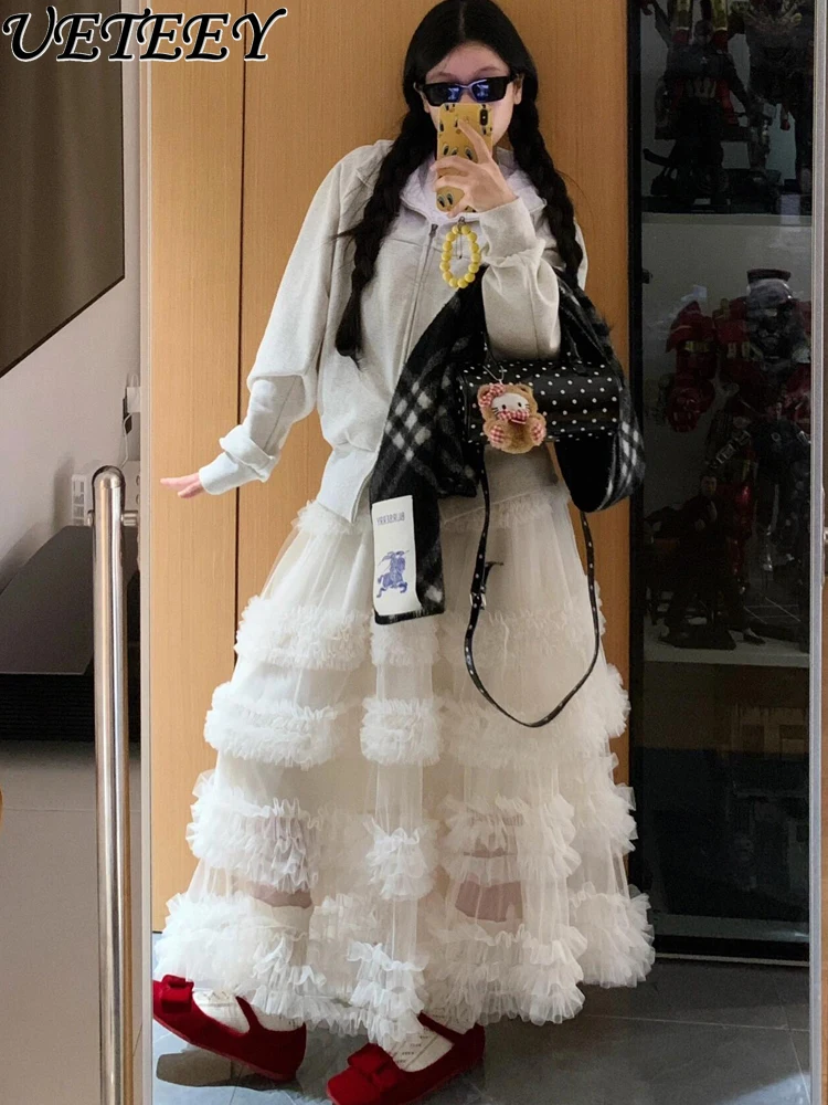 

Japanese Apricot High-end Mesh Skirt Women Pleated Lace Medium and Long Fairy Layer Cake Skirts Ladies A-line Long Skirt Summer