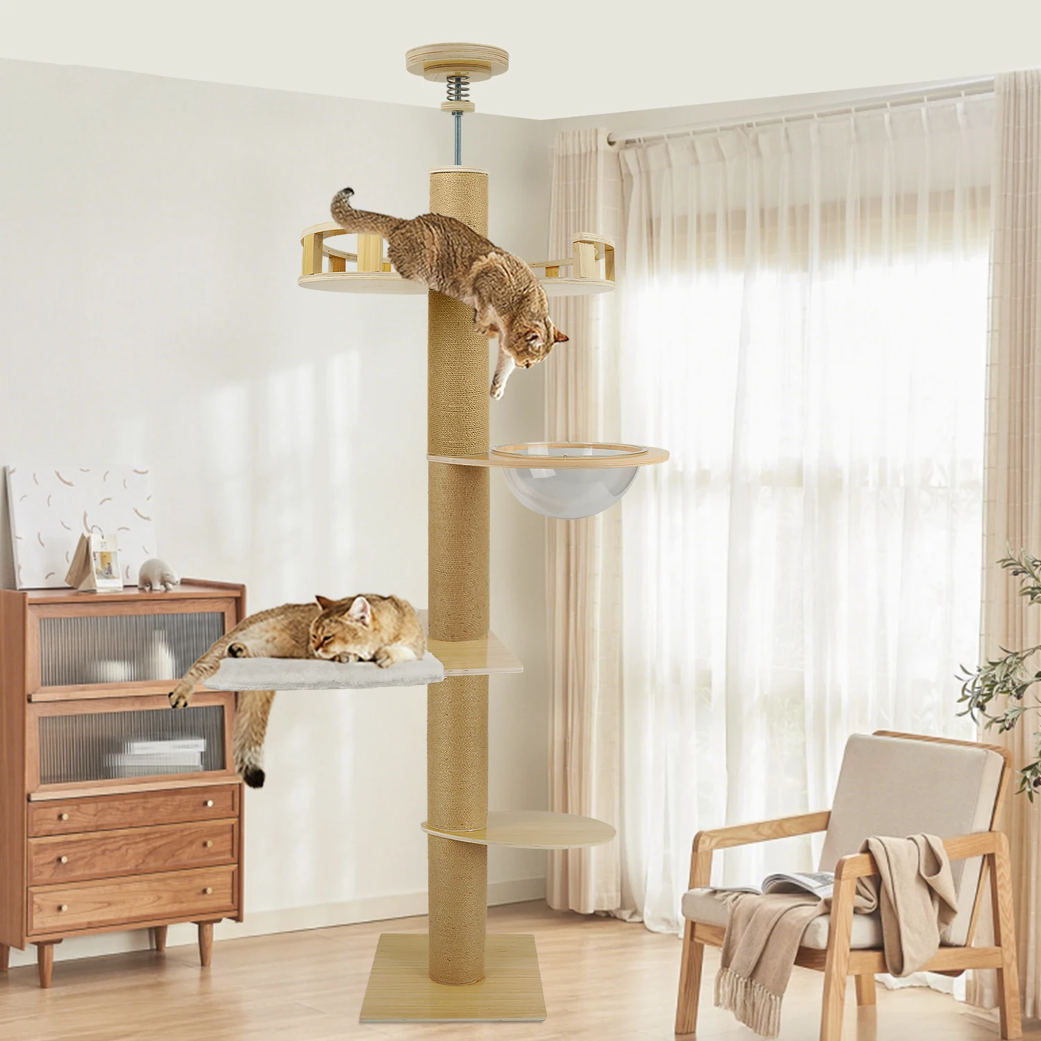 Arbre à chat de grande taille (255cm-265cm), tour à chat du sol au plafond, condo en bois pour chat, griffoir multi-niveaux avec grande perche-hamac, produits pour animaux de compagnie