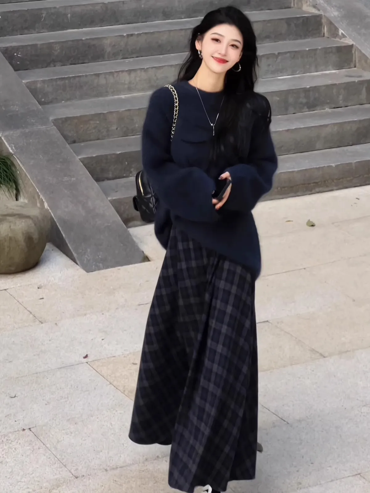 

Autumn Winter Women's Knitted Sweater Plaid Skirt Set High-End Korean Style Casual Wear Two-Piece Ensemble