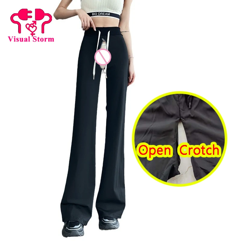 Woman Open Crotch Leggings Loose Hidden Zipper Crotchless Trousers Fashion Style Couple Outdoor Sex Costume Erotic Pants