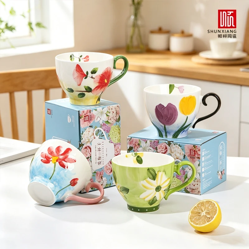 SHUNXIANG Bemalte Blumen Keramik-Kaffeetasse Frühstücks-Milch-Hafer-Becher Vintage-Blumenmuster Teetasse Büro-Trinkbecher
