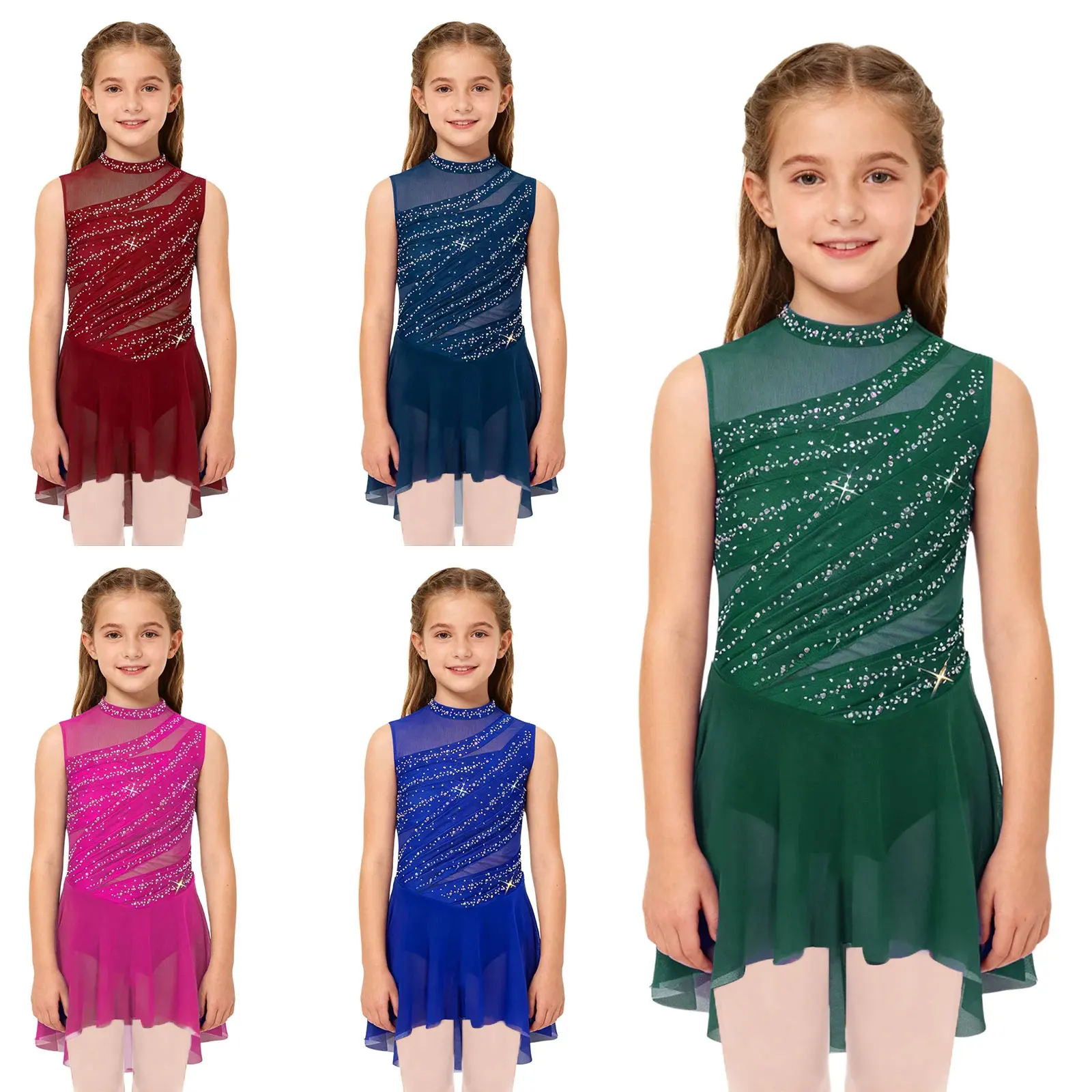 Girls Figure Skating Modern Dance Dress Kids Sleeveless Sheer Mesh Rhinestones Dress Ballet Lyrical Leotards Competition Costume