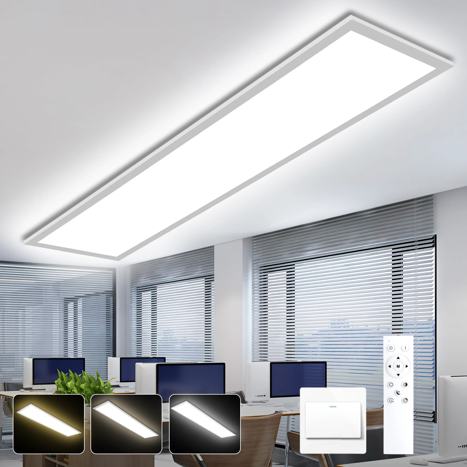 LED-Deckenleuchte, 100 x 25 cm, 30 W, dimmbare flache Deckenleuchte mit Fernbedienung und Speicher, 2700–6500 K für Küche und Büro