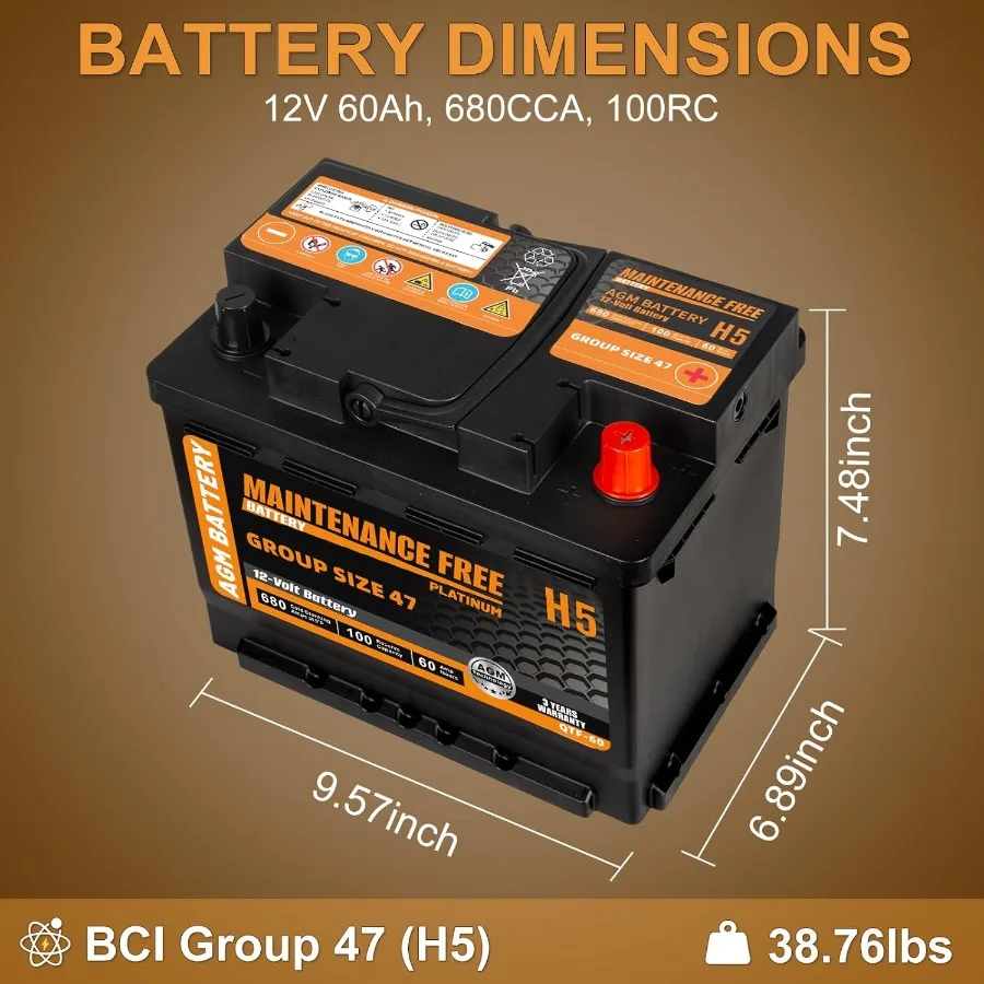 H5 Gruppengröße 47 Start und Stop AGM Kfz-Batterie 12 V 60 Ah 680 CCA 100 RC wiederaufladbare Autobatterie für Advanced Vehicle Ap