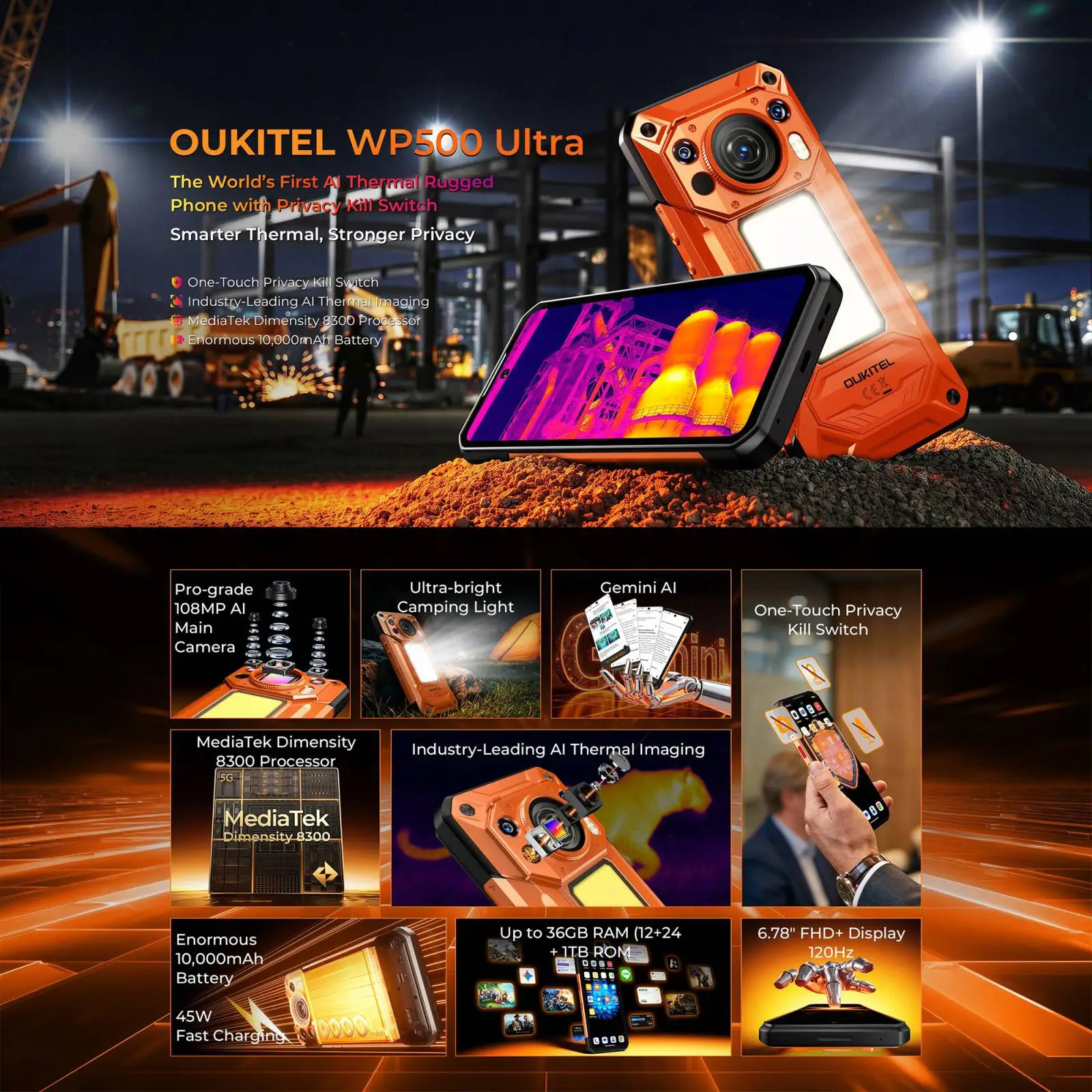 Oukitel WP500 Ultra 5G AI Rugged Smartphone 108MP Camera 10000mAh 45W 12GB+1TB 6.78 inch FHD+ Display 120Hz Android 16 NFC