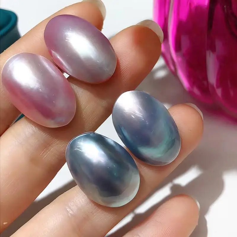 1 par de pendientes ovalados planos de concha de perla Mabe de agua dulce, color blanco, rosa y azul, para mujer, 20-30mm, naturales