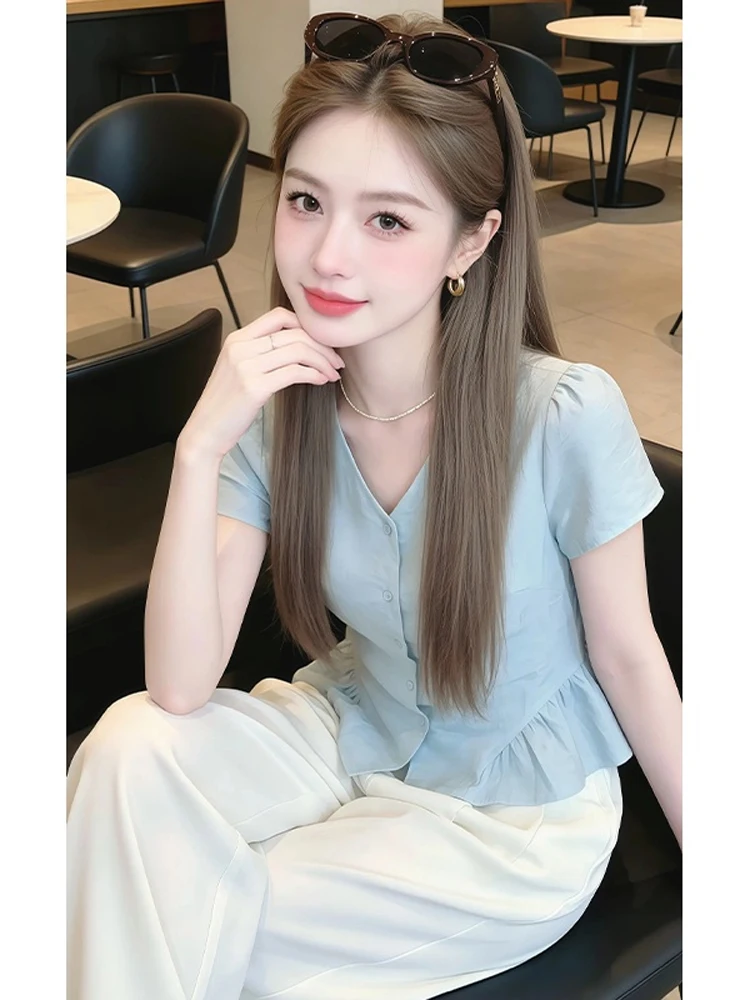 Korean Sweet Fashion Top Women's Summer New Casual Slim V-neck Puff Sleeve Short Sleeve Shirt Loose Style Casual Fashion