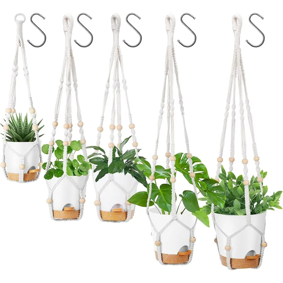 

Hanging Planters for Indoor Plants 5Pcs Set with Macrame Design 35 Inches 29 Inches 23 Inches Ivory Color SelfWatering Feature