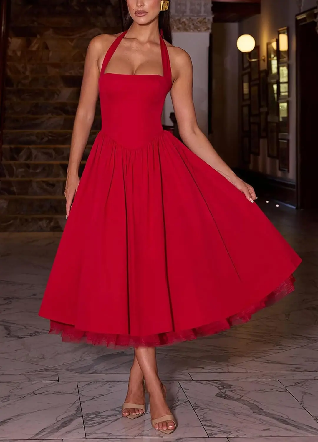 

Ball Gowns Long Women's Summer Halter Low Cut Sleeveless A-Line Tulle Dress Tea Length Swinging Corset Formal Ball Gown for Prom