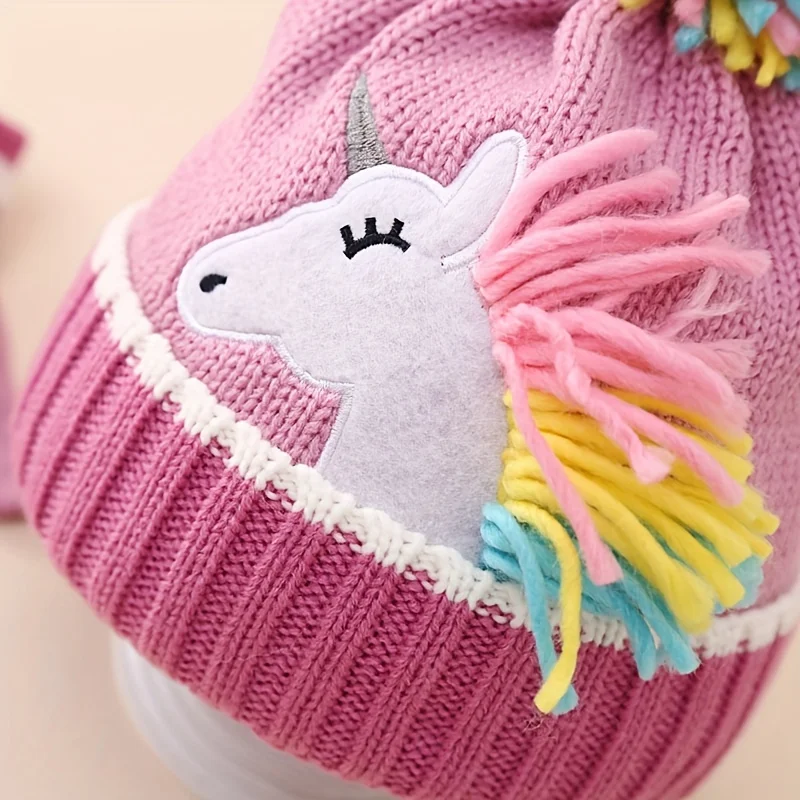 2pcs/set Colorful Woolen Hat With Cartoon Unicorn Knitted Hat & Gloves For Outdoor, Girl Gift