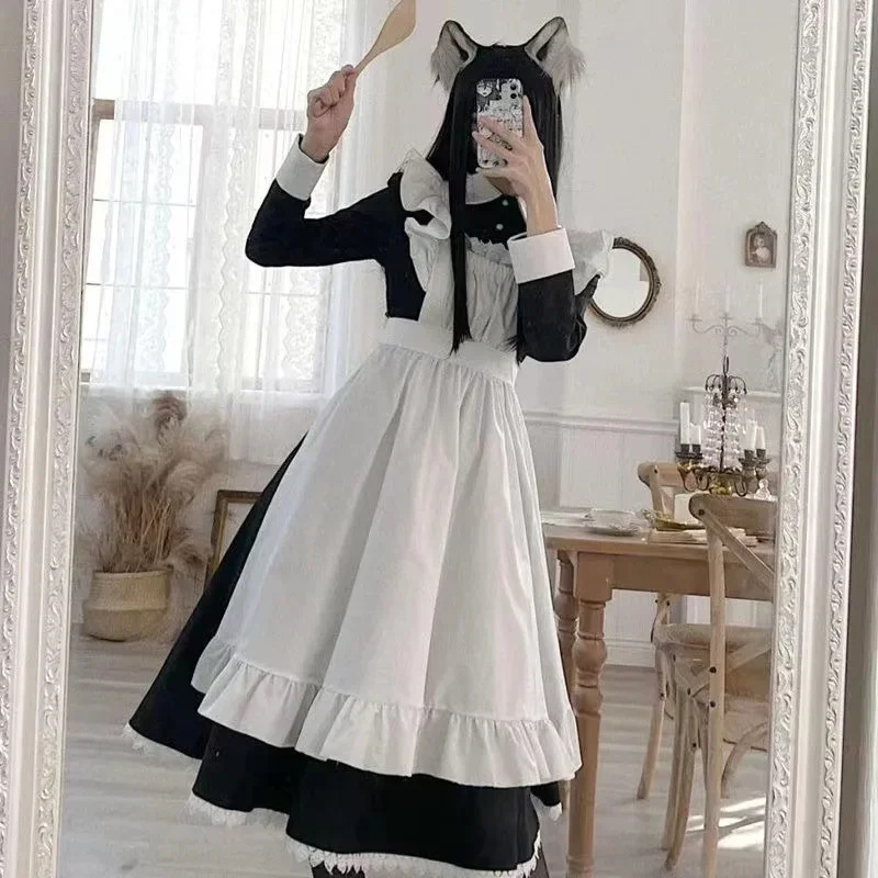 A Women's Classic Lolita Maid Dress Vintage Inspired Women's Outfits Cosplay Anime Girl Black Long Sleeve Dress S-3XL