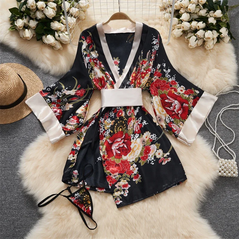 Japanese Kimono Women Bath Robe Sleepwear V-neck Flower Printed Bow Waist Shaping Mini Dress Loose Long Sleeve Night Gown