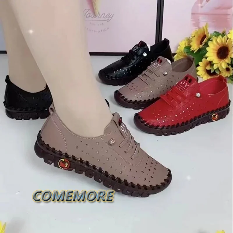 New Spring Sneakers Women Shoes Platform Loafers Casual Lace Up Leather PU Flat Slip-On Mom Hollow Out Summer Footwear Big Size