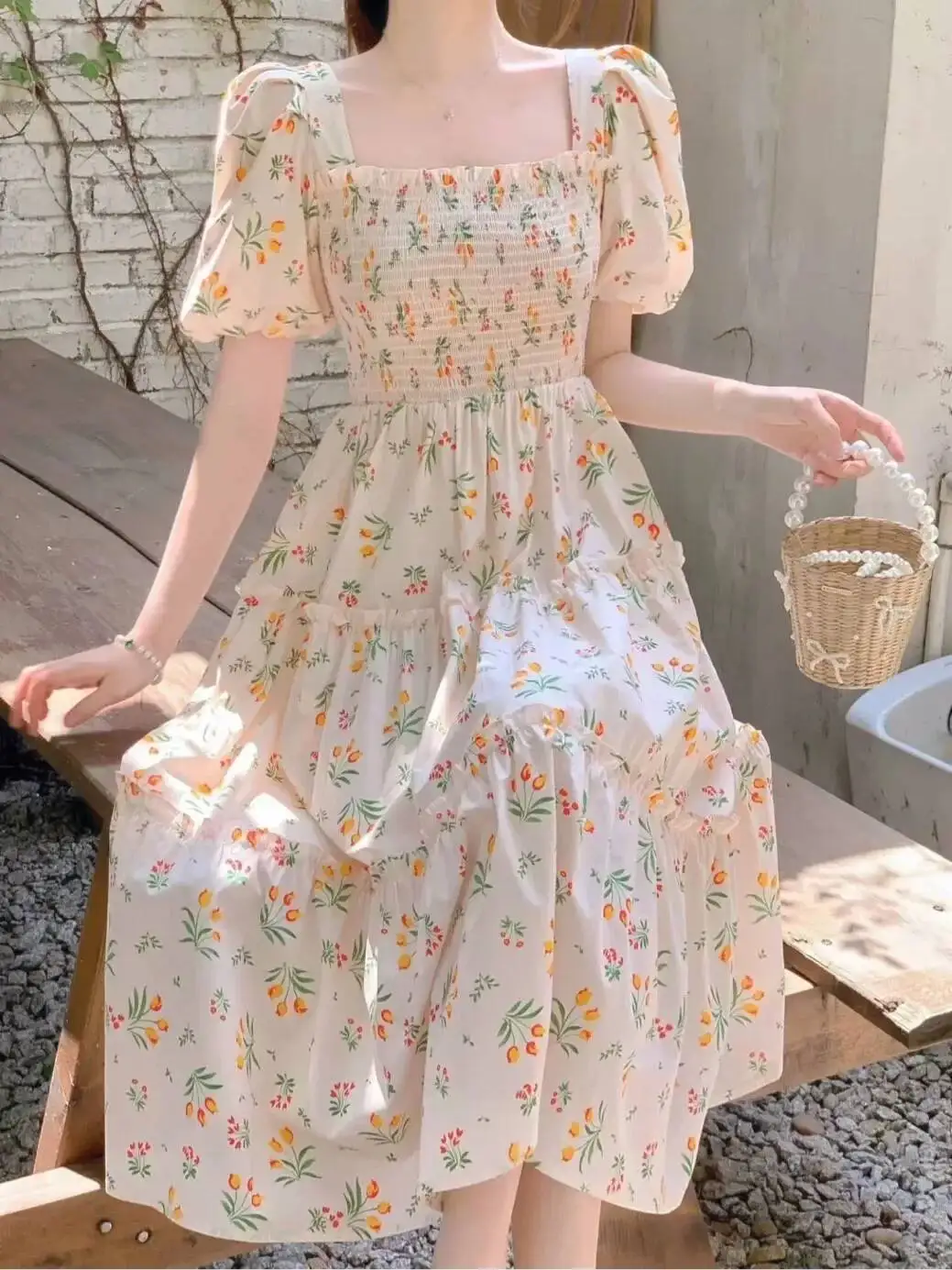 Midi Dresses For Women Cute Woman Dress Floral Kawaii Fairy Flower Short Sleeve Elegant And Beautiful New In Curvy Haruku Hot