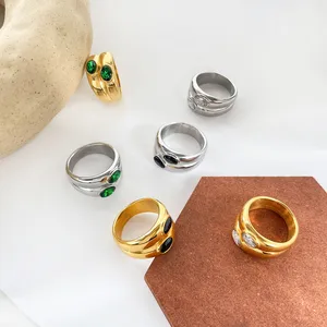 Ghidbk Doppelschicht Zirkon und Frauen, Edelstahlringe, große Größe, Gold/Silber, Weiß, Grün, Schwarz, Robust 8 Hauptverkaufsring Silber mit Green Stone - №7