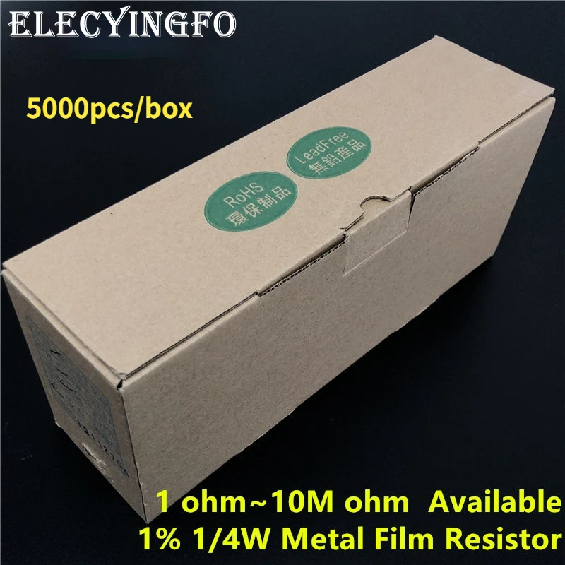 

5000pcs/Box 1/4W Metal Film Resistor 0.25W 1% (1~10M ohm Available) 1/10/100/1k/10k/100k/1M/4R7/47R/270R/330R/4K7/47K/470K/4.7M