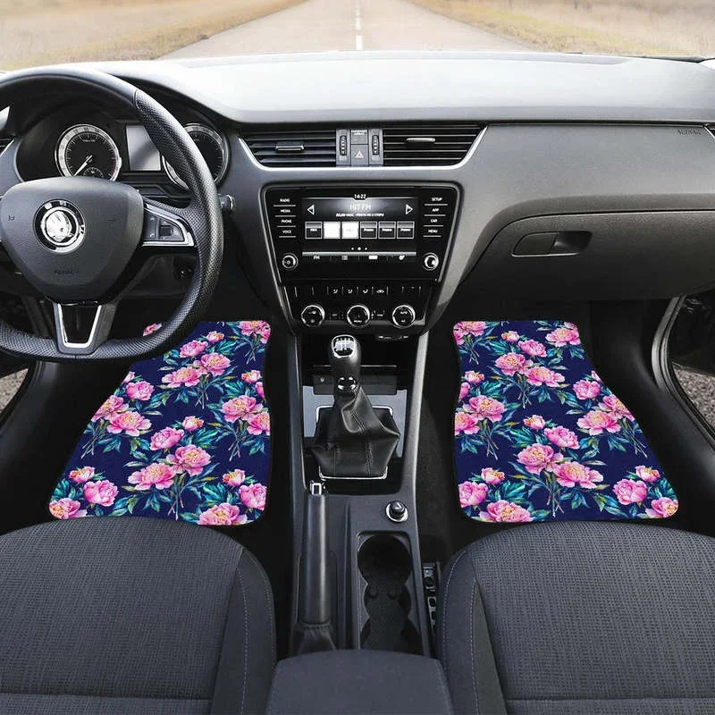 Pink Peony Floral Flower Pattern Print Front and Back Car Floor Mats Heavy Carpet Front and Rear Full Set 4PCs Pack