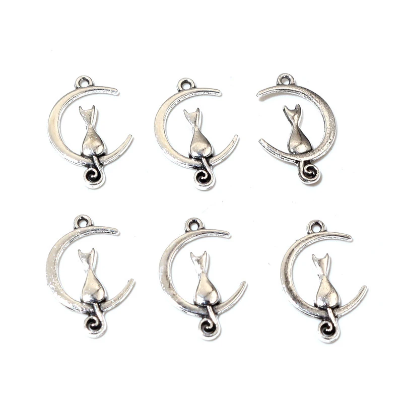 40pcs 21x14mm Antique Silver Color Cat Moon Handmade Charms Pendant DIY Jewelry Making Accessories for Bracelet Necklace