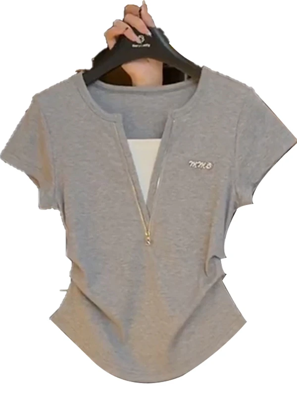 Korean Style Zipper Short Sleeve T-Shirt Women's Summer Fashion Commute Design Slimming Waist Control Top Polyester Fiber