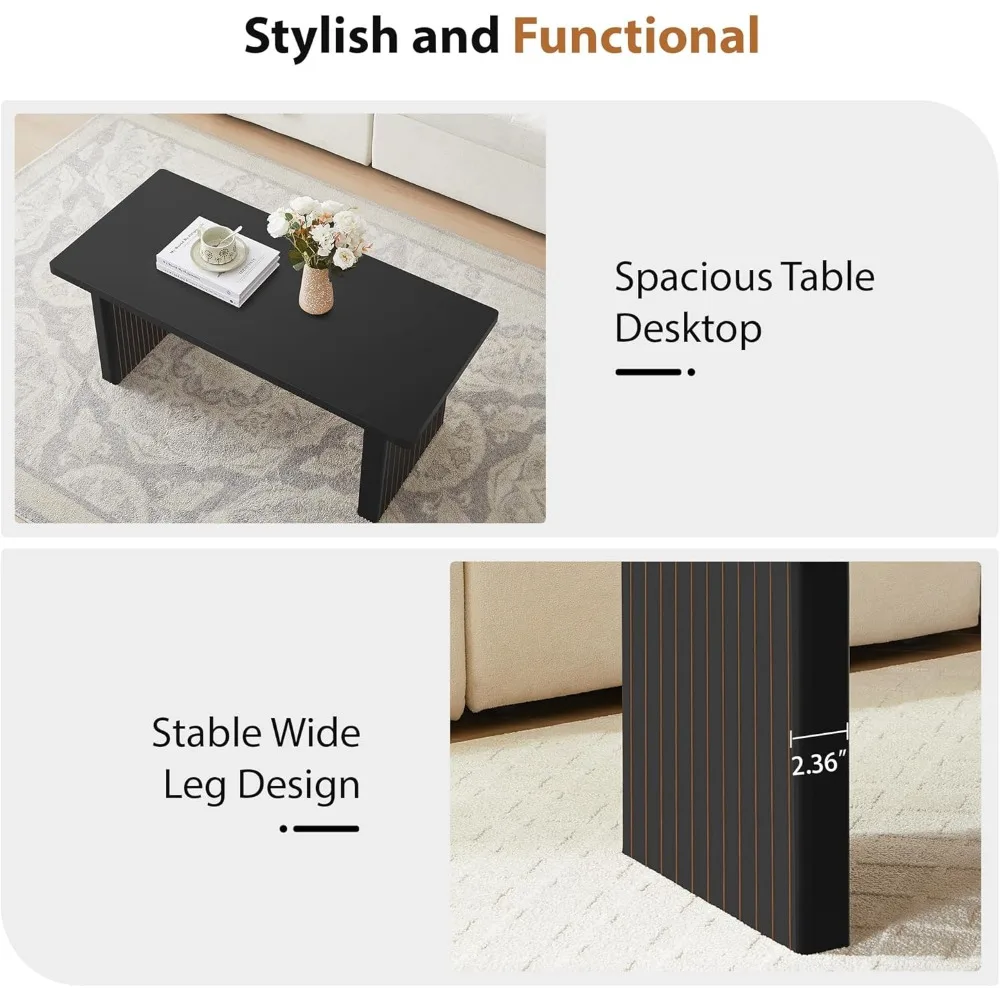 Mid Century Modern 43 Inch Wooden Coffee Table with Fluted Legs and Rounded Corn for Living Room