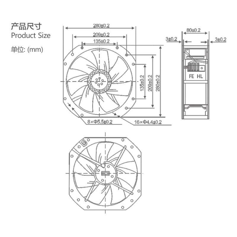 พัดลมแกน 280X280X80 มม. 220VAC 2800RPM 120W พร้อมใบพัดโลหะสําหรับระบายความร้อน