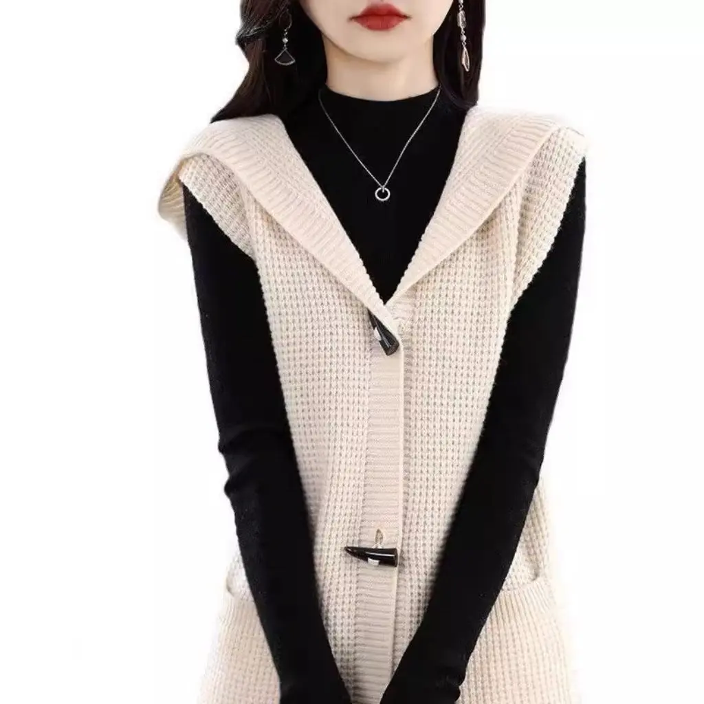 

Women's Mid-Length Hooded Knitted Cardigan Waistcoat Spring Autumn Western-Style Sweater Coat Shawl
