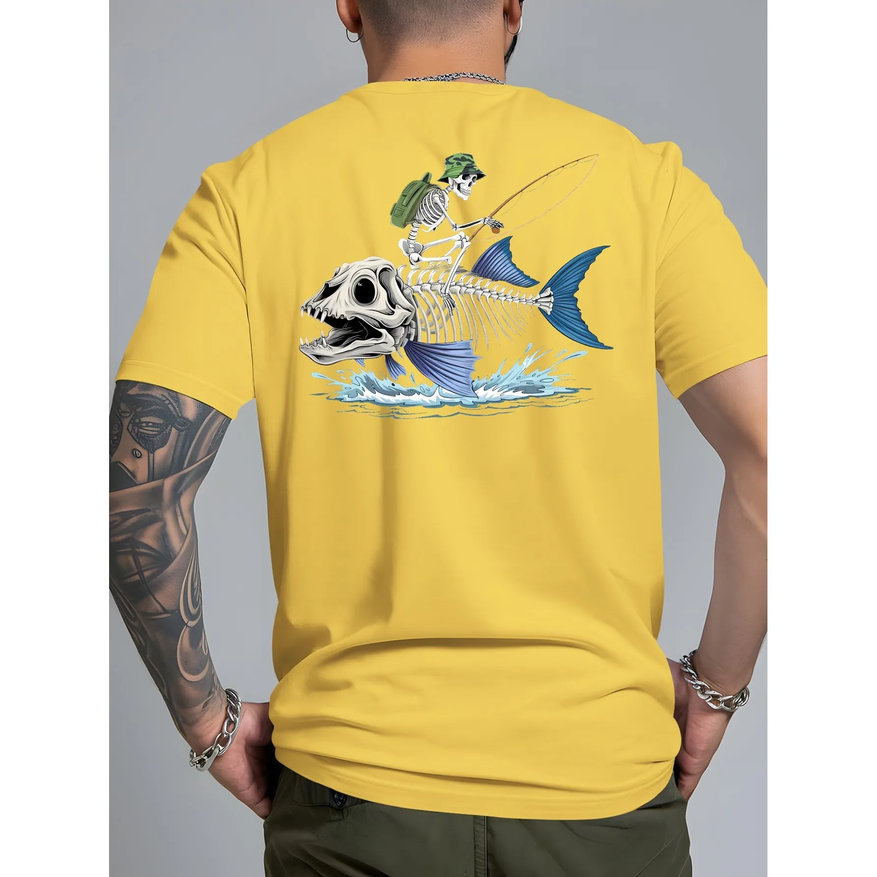 Skeleton Riding Fish Graphic Tee Men's Casual Cotton Breathable Short Sleeve Fishing Shirt