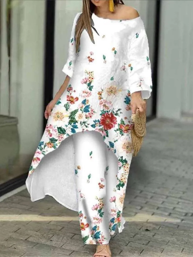 Women Two Piece Sets Pant Set Irregularity Round Neck Full Sleeve Tops Print Floral Splice Casual Loose Wide Leg Long Pants